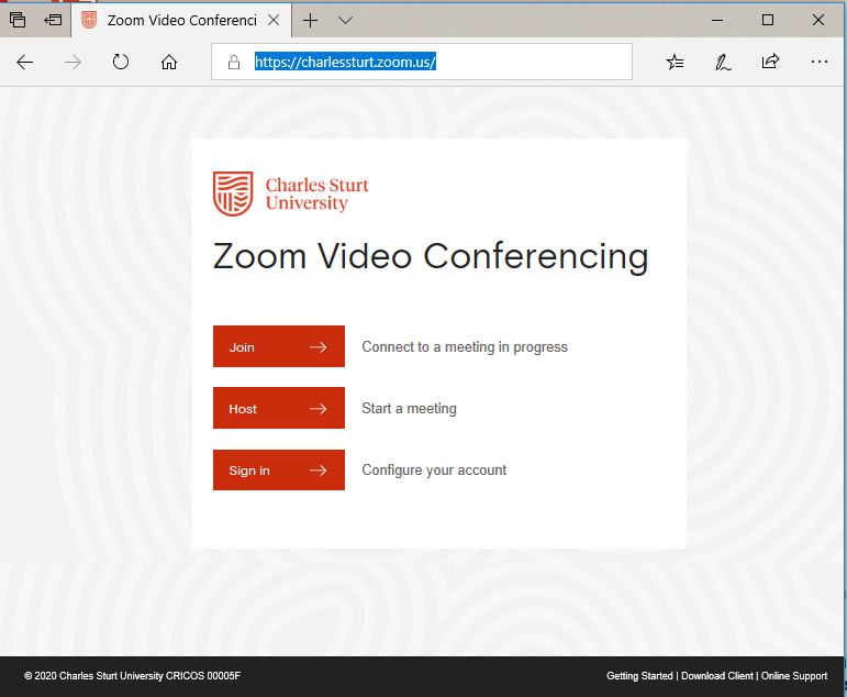 Charles Sturt Zoom login screen showing options on how to sign in.